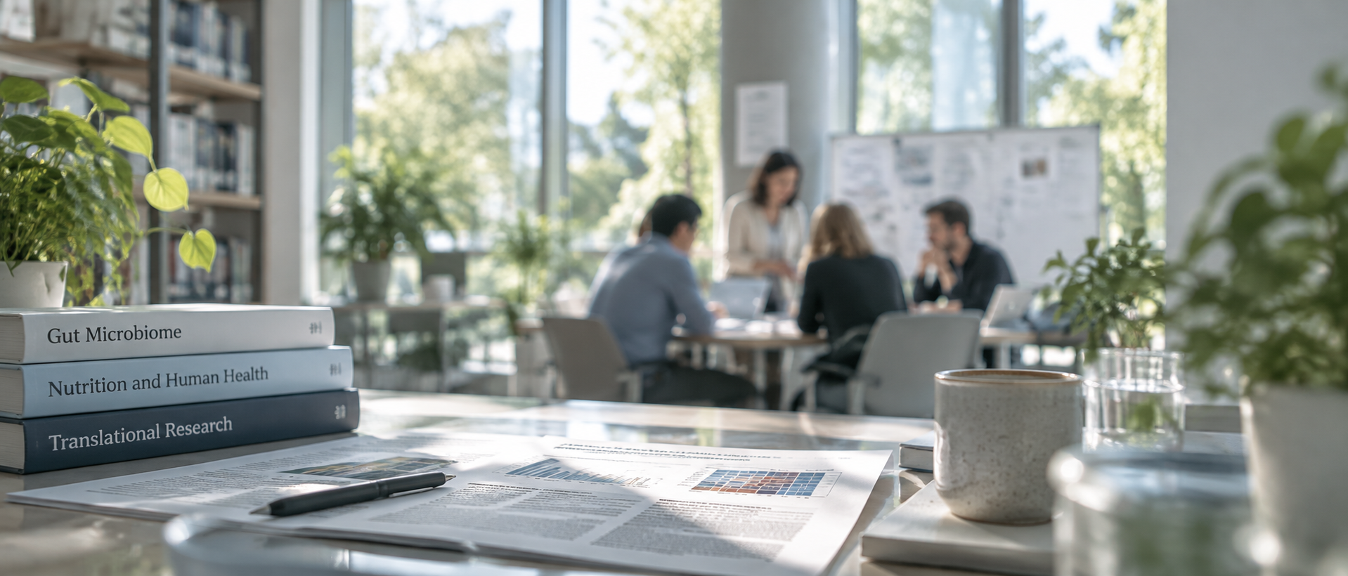 Research material in the foreground with an academic discussion softly out of focus behind